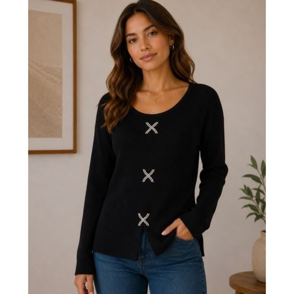 Silk Black Rhinestone Sweater‎ Large Embellished Y2K Glam Minimal Luxury Tunic